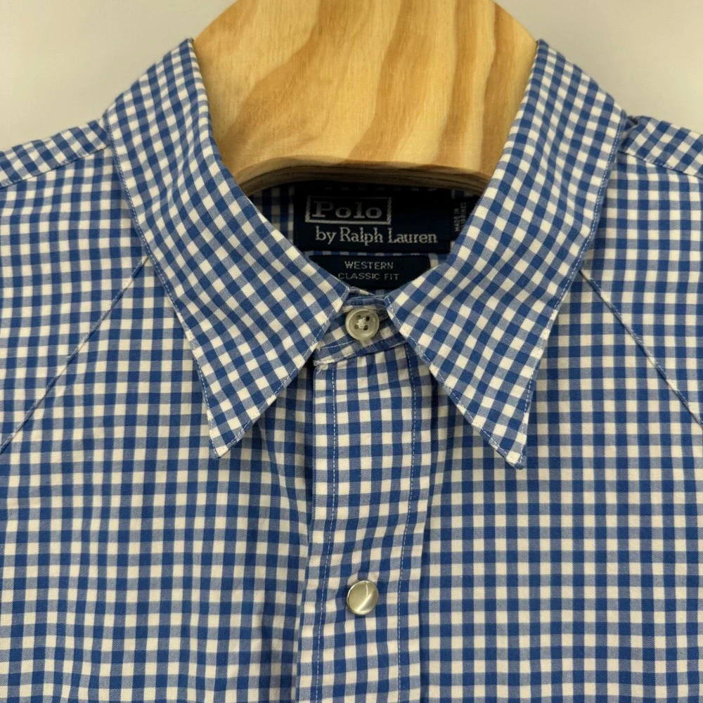 Polo Ralph Lauren Mens XL Western Classic Fit Gingham Snap Button Shirt Blue